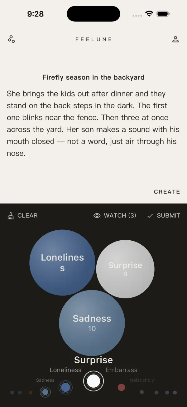 A passage above; an emotion dial below with Sadness selected