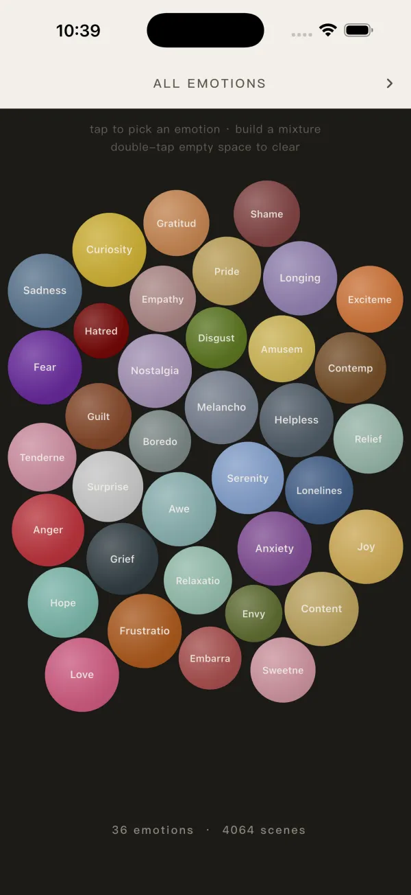 Bubble field of all 36 emotions